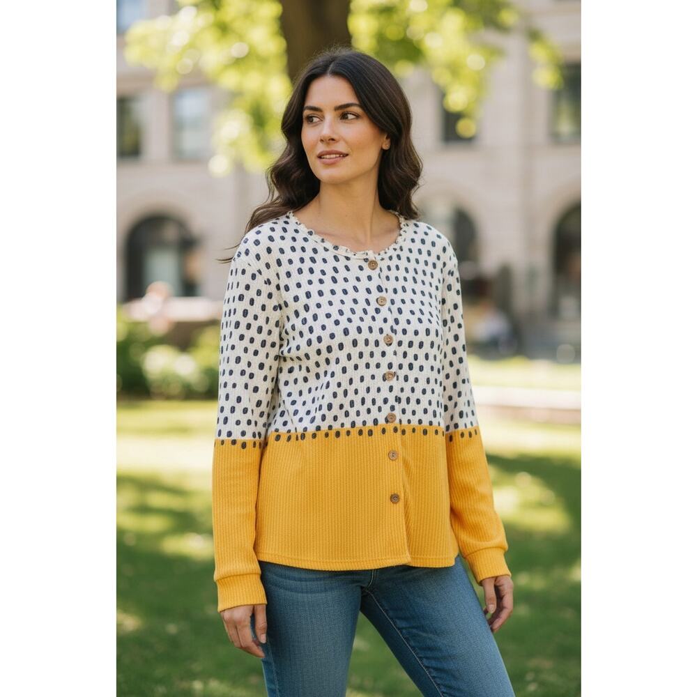 Spring Summer Tunic Top Cardigan Plus Size 2XL XXL Yellow‎ Polkadot Long Sleeves